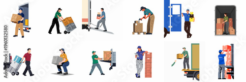 Set of logistics and delivery workers in various roles, including loading, unloading, and managing packages from trucks and warehouses.