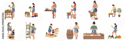 Flat illustration set of women shopping sustainably at local markets, using reusable bags for fresh produce, flowers, and bulk goods.