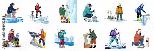 Flat vector illustration set of Arctic and Antarctic researchers conducting scientific studies and exploration in polar regions.