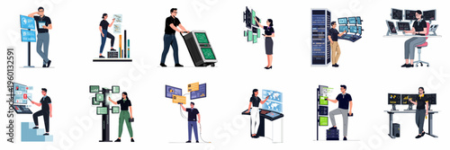 Set of flat vector illustrations depicting IT professionals, system administrators, and data analysts working with server racks, digital dashboards, and monitoring systems.