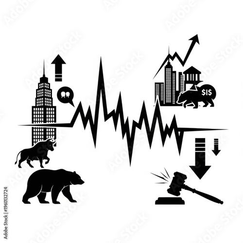Black silhouette illustration of stock market and financial crisis concept with cityscape, bull and bear, gavel, and fluctuating graph