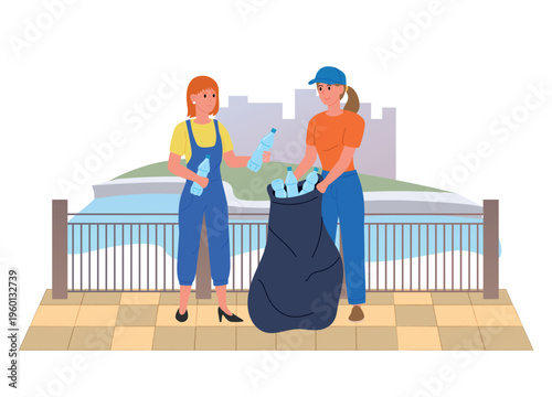 Girl volunteer with large bag collecting plastic bottles. City cleanup event. Flat vector illustration with urban background.