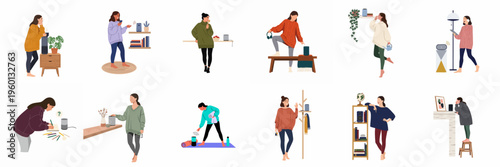 Flat vector illustration set of diverse women using smart speakers and voice assistants for various daily home activities and routines.