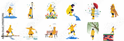 Vector illustrations of a woman in a yellow raincoat and boots enjoying different activities during rainy and windy weather conditions.