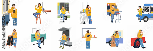 Set of flat vector illustrations of young people in yellow hoodies eating burgers at different food trucks and street food stalls.