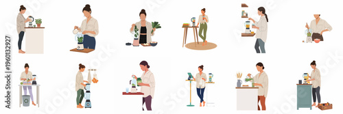 Collection of minimalist flat illustrations featuring women preparing healthy smoothies, protein shakes, and nutritious drinks in a modern kitchen setting.