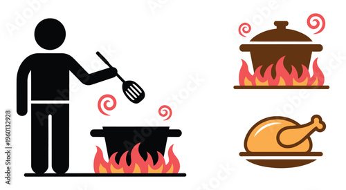 safety, cooking hazards, and fire prevention design projects.
Warning sign depicting a person near a cooking pot with flames and food, minimal line art vector collection for culinary safety 
