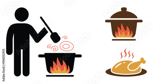 Warning sign depicting a person near a cooking pot with flames and food, vector illustration for kitchen safety, cooking hazards, and fire prevention design