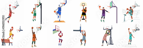 Collection of dynamic basketball player illustrations featuring various action poses such as dunking and shooting, isolated on a clean white background.