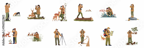 Flat vector illustration set of wildlife observers and hikers using binoculars to watch deer in various natural outdoor settings.