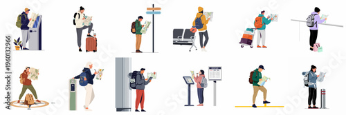 Diverse collection of travelers and tourists with backpacks and luggage, navigating with maps and digital kiosks in various travel environments.