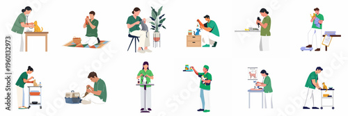 Flat vector illustration set of male and female veterinarians caring for cats and kittens in a clinic, featuring examinations, grooming, and medical treatments.