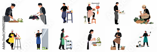 Flat Vector Illustration Set of Professional Chefs Cooking, Preparing Food, and Performing Various Kitchen Tasks in a Commercial Restaurant Setting.