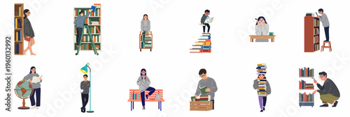 Set of diverse characters engaged in reading, organizing, and studying books in a library setting.