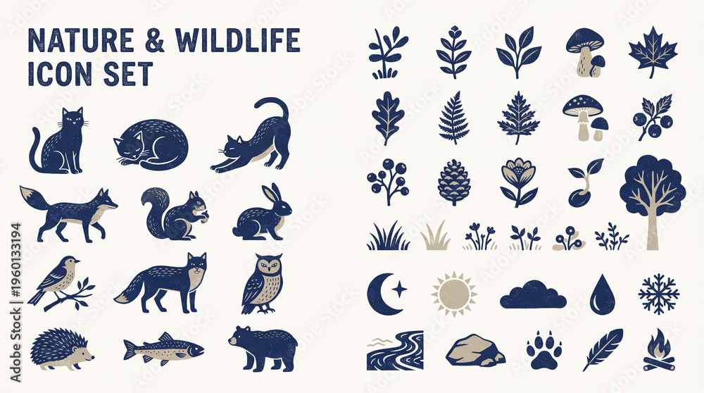 Fototapeta premium Collection of nature and wildlife icons showing various animals, plants, and natural elements in simple designs