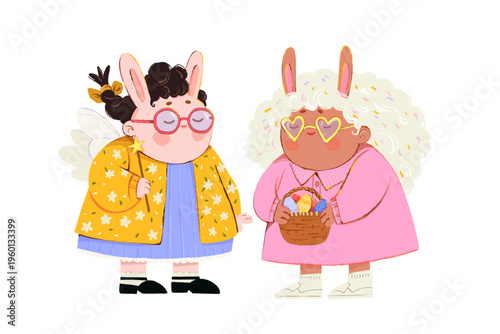 Two cute girls in bunny ears with Easter eggs and basket