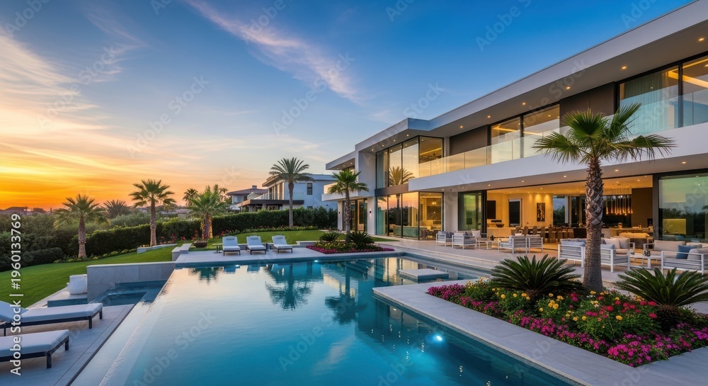 Fototapeta premium Luxury modern house with large swimming pool and beautiful garden at sunset