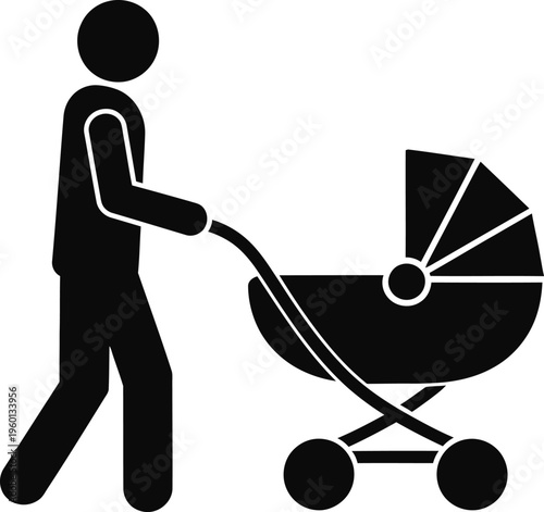 Black, modern parenting icon, baby stroller, caregiver pushing