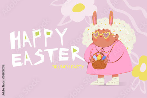 Happy Easter brunch party banner with bunny girl