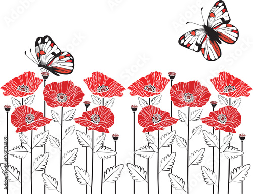 red poppies with butterflies