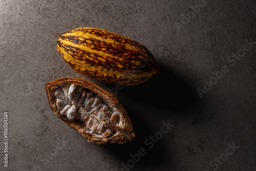 Mazorca de cacao entera sobre superficie de mármol negro con iluminación dramática