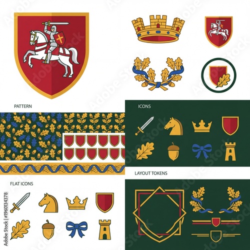 Various design elements featuring a knight on a horse with shields and icons in a simple layout for pattern and decoration use