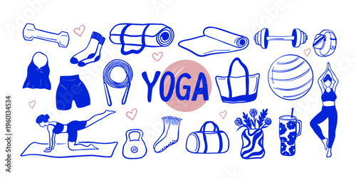 Hand drawn yoga and fitness elements set with yoga poses, mat, sportswear and accessories. Wellness and healthy lifestyle doodle vector collection.