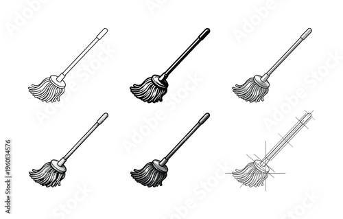 A collection of mop illustrations in different graphic styles like engraving and line art. Versatile vector icons for cleaning companies, hygiene concepts, or janitorial services.