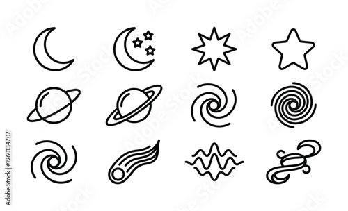 Set of minimalist black line icons featuring space themes like moon, stars, planets, and galaxies. Perfect for web design, UI, apps, and astrological or science projects.