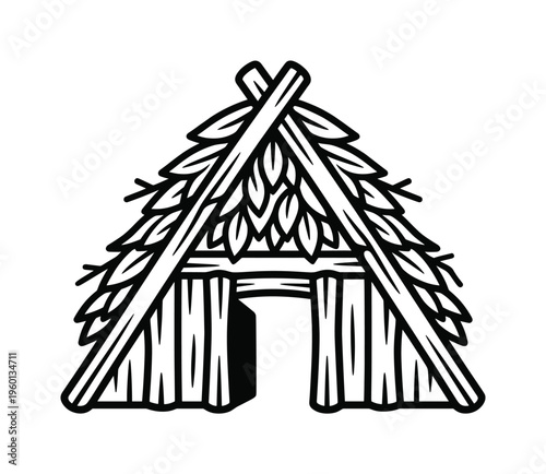 A simple black and white line art illustration of a tribal hut or primitive dwelling. This vector icon is perfect for themes of survival, nature, travel, and ancient culture.