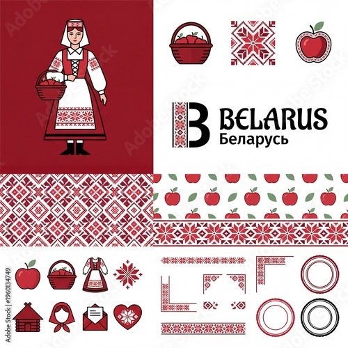Art design that shows elements of Belarusian culture with traditional symbols and patterns in red and white colors