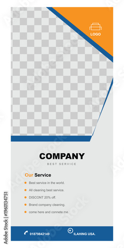 Modern vertical corporate flyer and banner template. Blue and orange business roll up standee layout with photo placeholder for marketing design.