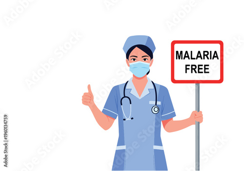 Nurse wearing mask and stethoscope gives thumbs up near malaria free sign promoting global health and disease elimination efforts.