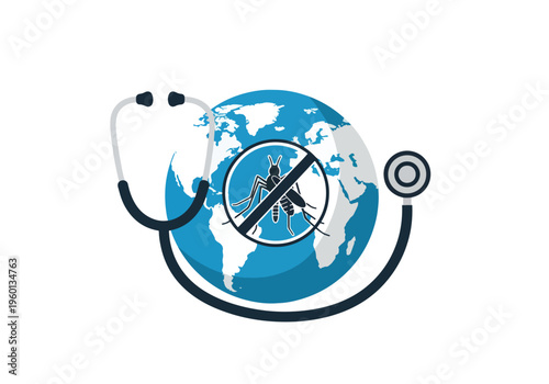 A globe with a stethoscope wrapped around it and a 'no mosquito' sign, symbolizing global health efforts to eradicate malaria.