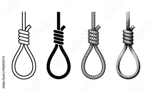 Set of hangman's noose icons in four graphic styles: outline, silhouette, engraving, and stipple. Vector illustration symbolizes death, danger, hopelessness, or a final deadline.