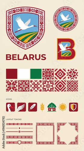 Belarus symbols and icons displayed on a design sheet featuring colors and patterns of the country