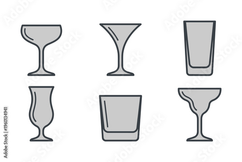 Set of various empty cocktail glasses. Includes margarita, martini, and rocks glass. Minimalist line art vector icons for bar menus, party graphics, or beverage web design.