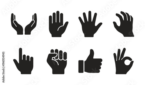A collection of black hand gesture icons. Includes like, ok, point, and stop signs. Minimalist vector symbols for communication, social media, UI design, and infographics.