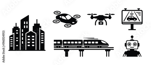 A set of black vector icons representing smart city concepts. Features future transport like drones, autonomous cars, trains, and AI robots. Perfect for technology infographics.