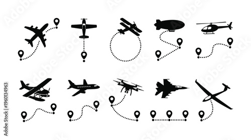 Set of black airplane and aircraft silhouettes with dotted line flight paths and map pins. Vector icons for travel, transport, destination, and route tracking concepts.