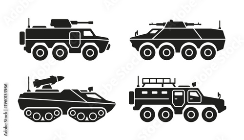 Set of black military vehicle icons. Includes armored personnel carriers, a missile tank, and a truck. Minimalist vector silhouettes for army, war, or defense concepts.