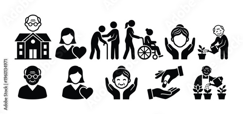 A set of glyph icons for elderly care, senior assistance, and nursing homes. Includes symbols of caregivers, disability, and support for healthcare and social services design.
