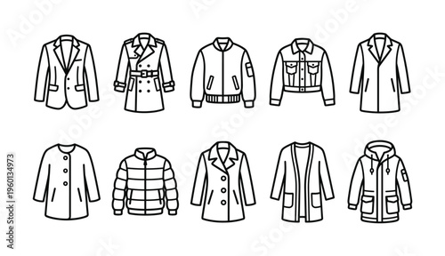 A versatile set of outerwear line icons. This collection includes various jackets and coats like a parka and blazer, perfect for fashion design, ecommerce, or style guides.