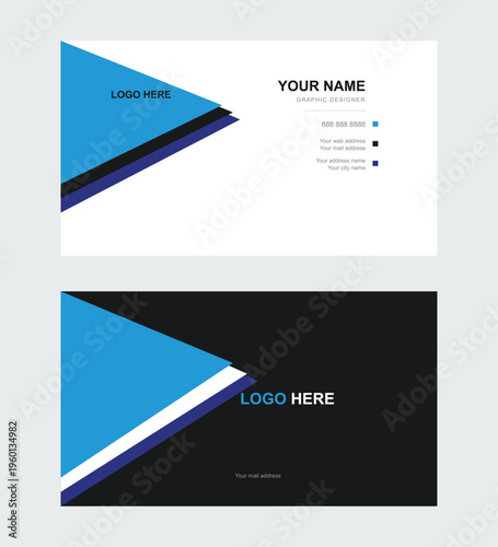 Modern blue and dark geometric business card template. Elegant double sided corporate identity vector layout for professional company stationery.