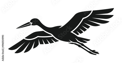 A simple, elegant black silhouette of a flying stork or crane. A stylized vector graphic icon perfect for logos, emblems, and nature or delivery service concepts.