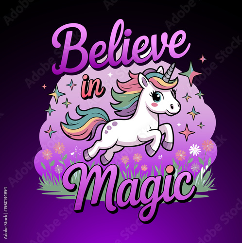 Cute unicorn with believe in magic quote and colorful stars for kids t-shirt design