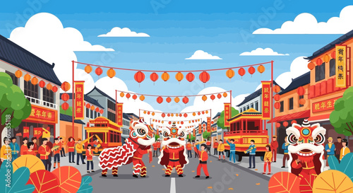 Chinese New Year Celebration with Lively Lion Dance Performance