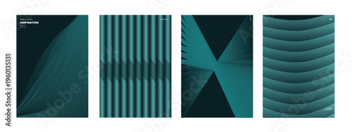 Set of abstract dark teal geometric and wavy line backgrounds. Modern minimalist vector templates for elegant brochure, flyer, and cover design.