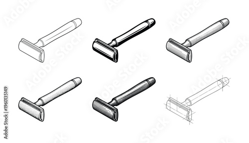A set of vintage safety razor illustrations in various art styles. Perfect for classic men's grooming, barbershop branding, icons, and retro design projects. Vector graphic set.