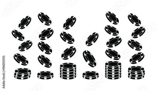 A black and white vector of casino poker chips falling and in stacks. Dynamic concept for gambling, gaming, risk, and winning. Perfect for web design and icons.